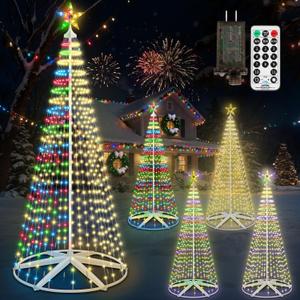 8FT Pre-lit Cone Christmas Tree Outdoor, 444 LED Lighted Christmas Tree with Remote, Timer, 11 Lighting Modes, IP65 Waterproof, Multicolor & Warm White for Yard Garden Patio Decor