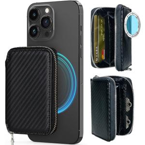 Strong Magnetic for MagSafe Wallet Pouch /Pixelsnap, Carbon Fiber Leather Zipper Pocket Large Capacity for Earpod/Samll Earphones/Keys, RFID Blocking Card Slot for iPhone 17 16 15 14 Pro Max Plus