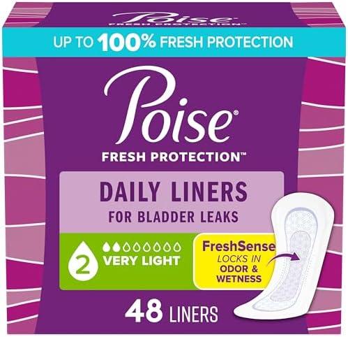 Poise Daily Liners, Incontinence Panty Liners for Bladder Leaks, 2 Drop Very Light Absorbency, Regular Length, 48 Count of Pantiliners, Packs of 4