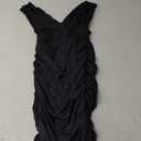 Women Black V Neck Dress Sleeveless Backless Pleated Casual Slim Midi Dresses, Size S