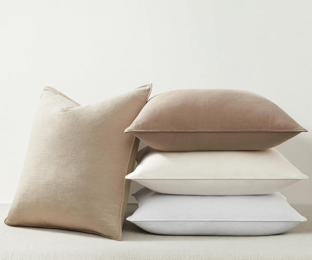 Linen and Cotton Decorative Pack of 4 Throw Pillow Covers Soft Accent Farmhouse Neutral Cushion Case 20 x 20 Inch Pillowcase with Flange for Chair Couch Sofa Bedroom Living Room Home Decor