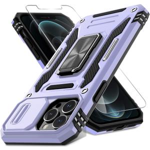 DEERLAMN Case for iPhone 13 Pro Max with Slide Camera Cover+Screen Protector(1 Pack),Rotated Ring Kickstand Military Grade Shockproof Protective Cover 6.7 Inch-Light Purple