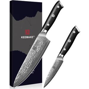 KEEMAKE Damascus Kitchen Knife Set 2 PCS, Ultra Sharp 67 Layer Damascus Steel Chef Knife and Paring Knife, Knives Set for Kitchen with G10 Non-slip Handle for Meat Vegetable Fruit KEEMAKE Damascus Kitchen Knife Set 2 PCS, Ultra Sharp 67 Layer Damascus Steel Chef Knife and Paring Knife, Knives Set for Kitchen with G10 Non-slip Handle for Meat Vegetable Fruit