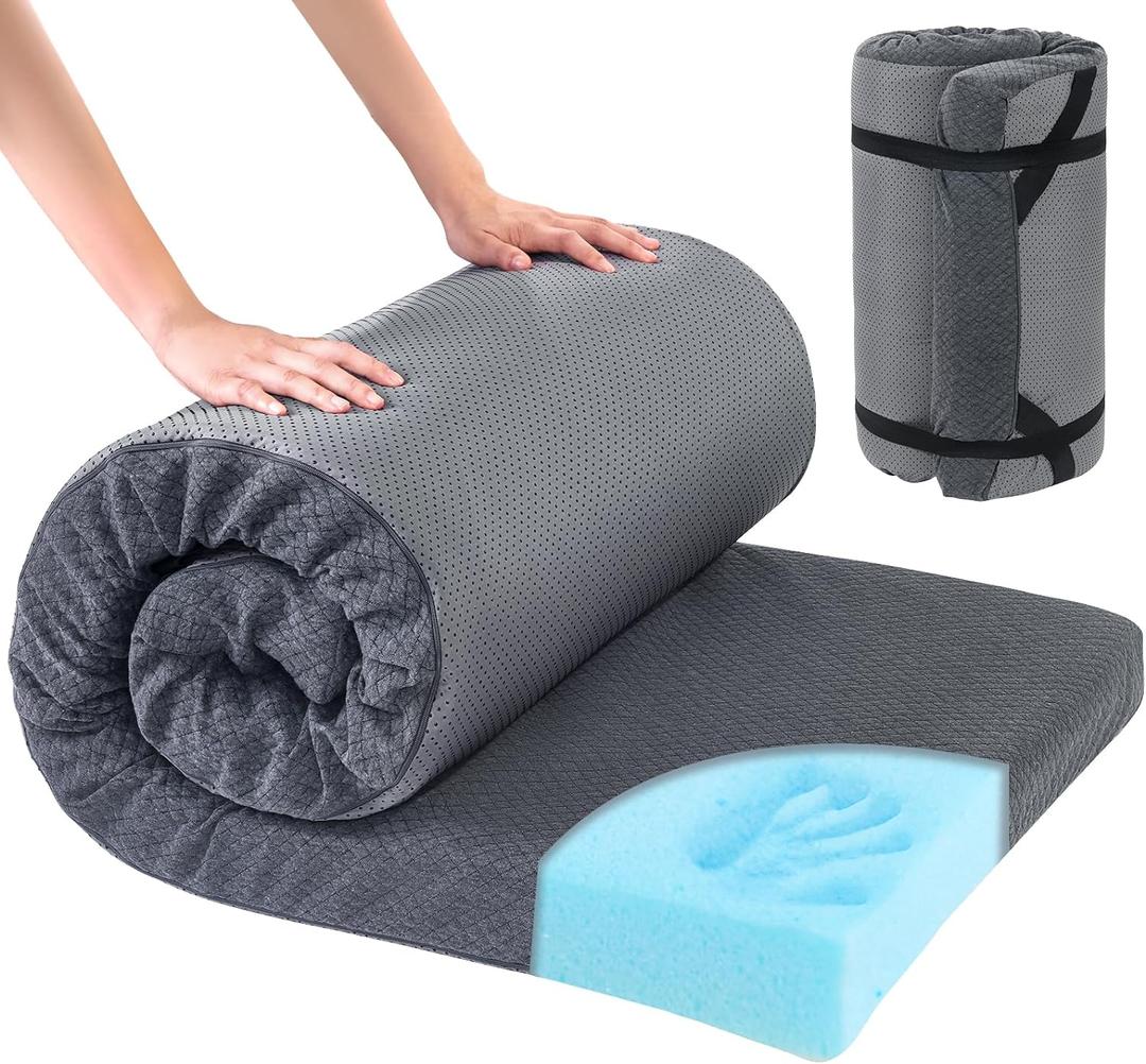 HOMBYS Memory Foam Camping Mattress Pad, Portable Sleeping Pad for Adult, Waterproof Cot Mattress, Roll Up Floor Mattress, Foldable Backpacking Travel Bed for Hiking, Guest Bed (Grey)