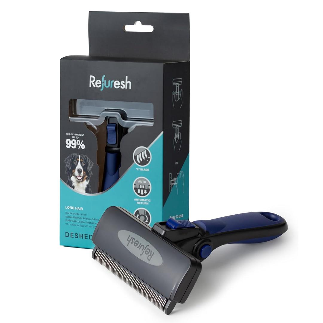 Deshedding Dog Brush for Long Hair (Large,Blue)  Gentle Deshedding Tool for Dogs & Cats  Reduces Shedding, Without damaging Topcoat. Removes Loose Fur & Dead Undercoat.