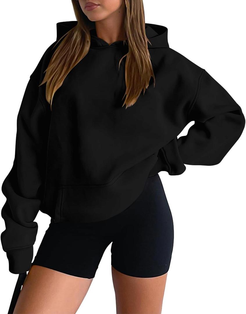 onlypuff Women Hoodies Casual Pullover Long Sleeve Sweatshirt Kangaroo Pocket Drop Shoulder Sweater (Small, Black)
