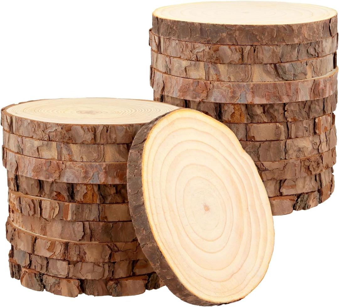 MUKCHAP 20 PCS 6.3-7 Inch Natural Pine Wood Slices, 0.6 Inch Thick Unfinished Wood Rounds Discs for Ornaments, Wedding Decoration, DIY Craft