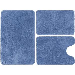 RUN HELIX Blue Bath Mat for Bathroom Non-Slip, Extra Soft and Absorbent Bathroom Rugs Set 3 Piece, Water Absorbent Microfiber Shaggy, Machine Washable Thick Plush Bath Mats for Floor, Tub and Shower
