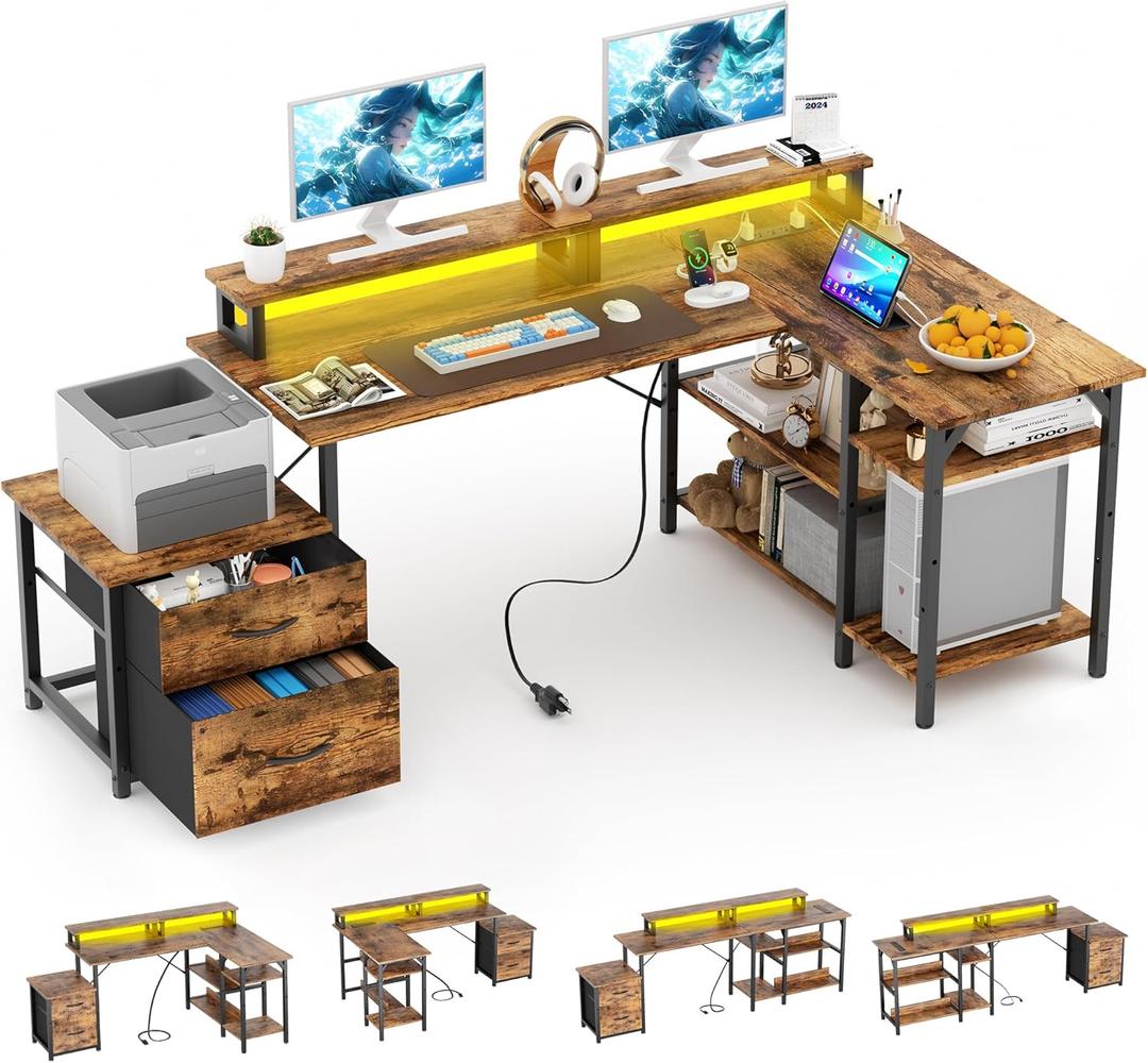 L Shaped Desk with Storage, Home Office Desk,67 Inch Corner Desk with File Drawers & Shelves,Large Reversible Computer Desks Writing Study Table Workstation with Power Outlets, Rustic Brown (Vintage)