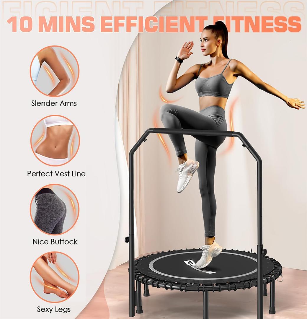BCAN 450/550 LBS Foldable Mini Trampoline, 40"/48" Fitness Trampoline with Bungees, U Shape Adjustable Foam Handle, Stable & Quiet Rebounder Trampoline for Adult Indoor/Outdoor Workout