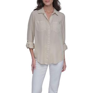 DKNY Women's Splitback Long Sleeve Button Down with Cuffed Sleeve Shirt M
