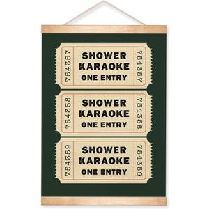 HEYJEEPER Funny Bathroom Wall Art-Shower Karaoke One Entry -Wall Hanging Poster,14x18In Retro Green Canvas with Wood Hanger, Boho Home Wall Decor for Bathroom(Ticket)