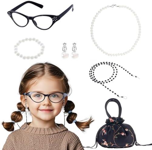 Rthjsfj 6Pcs Old Lady Grandma Costume Kit - Granny Glasses, Eyeglasses Chain, Handbag, Necklace, Bracelet, Ear Clips