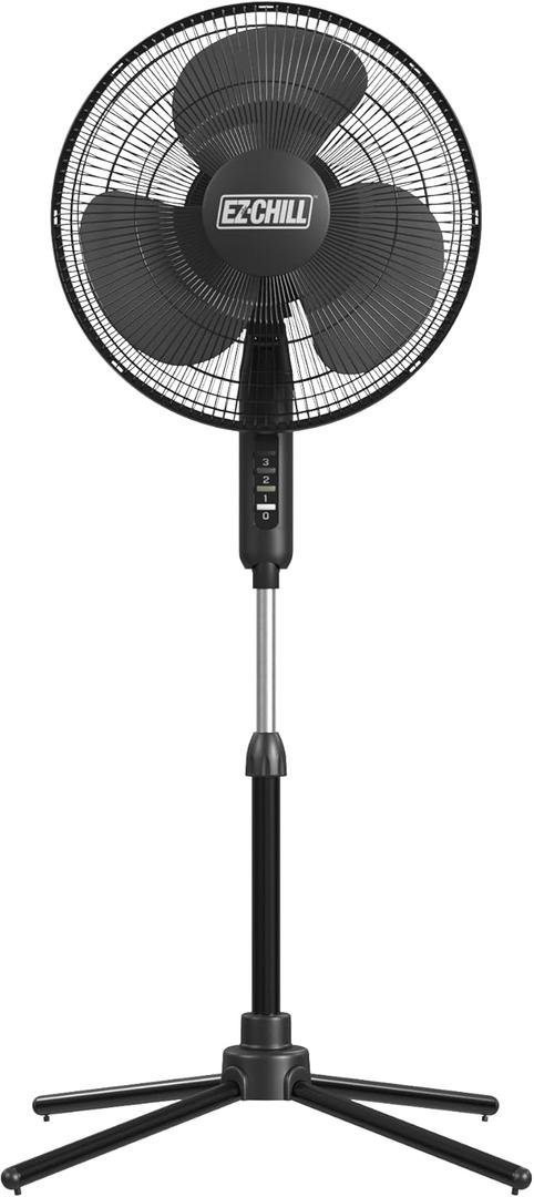 EZ-Chill 16 Oscillating Pedestal Fan, 3-speed Options, 90-Degree Oscillating Head, Adjustable Height and Tilt, Powerful Air Flow, Black, MTFS-16B-BLK