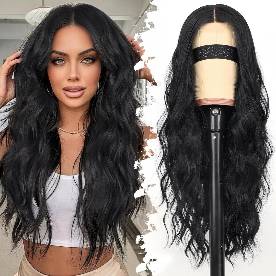 Eawwii Black Wig for Women Long Wavy 4x1 Lace Natural Hairline Glueless for Beginners Middle Part Synthetic for Daily Party Use 26Inch