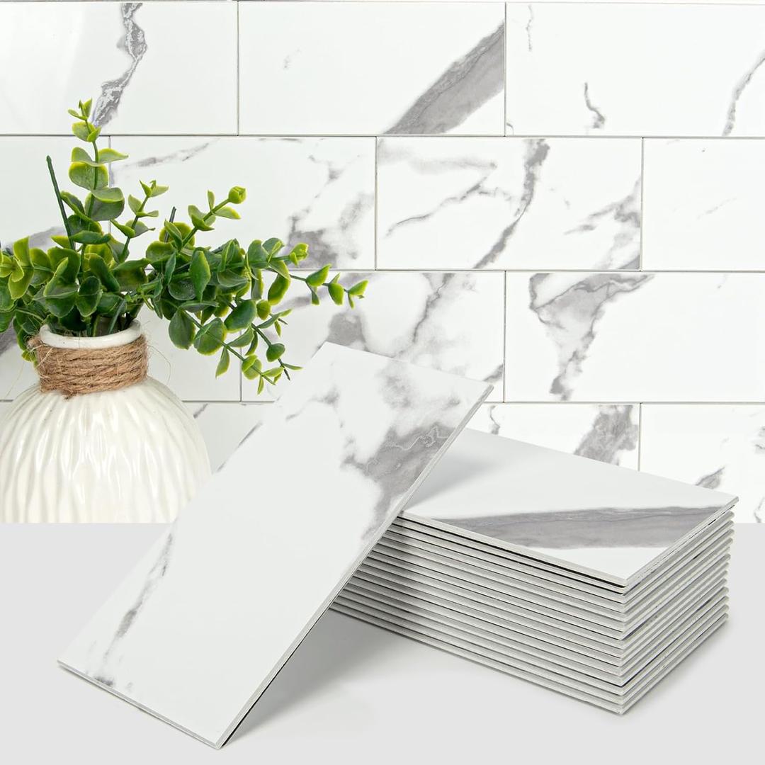 Art3d 102-Piece Faux Stone Peel and Stick Backsplash Tile, Waterproof Thick PVC Stick On Subway Wall Tile for Kitchen Bathroom Laundry Room Fireplace - 3" x 6" Gray Marble