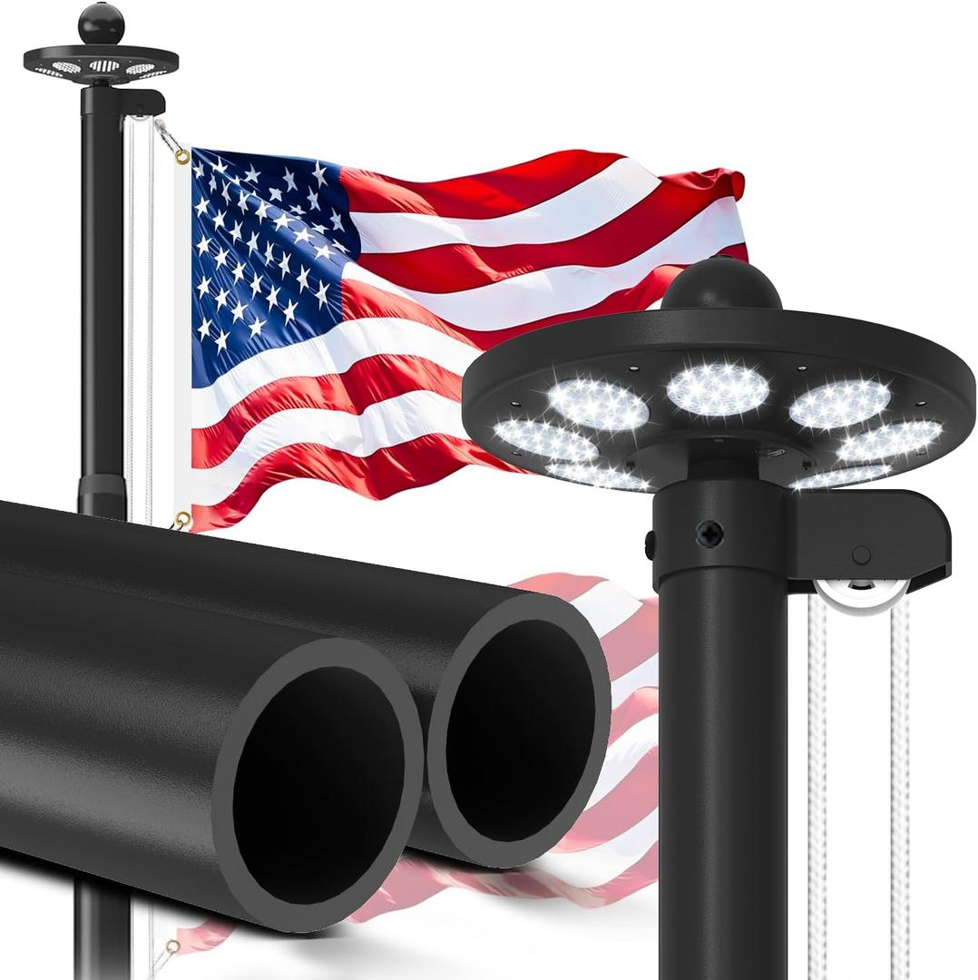 Upgraded 10 Gauge 25FT Heavy Duty Flag Pole Kit with 136 LED Solar Light, Extra Thick Flagpole for Outside House in Ground, Bottom 3 mm Thick & Width 3.74 in, 120MPH Wind Rated