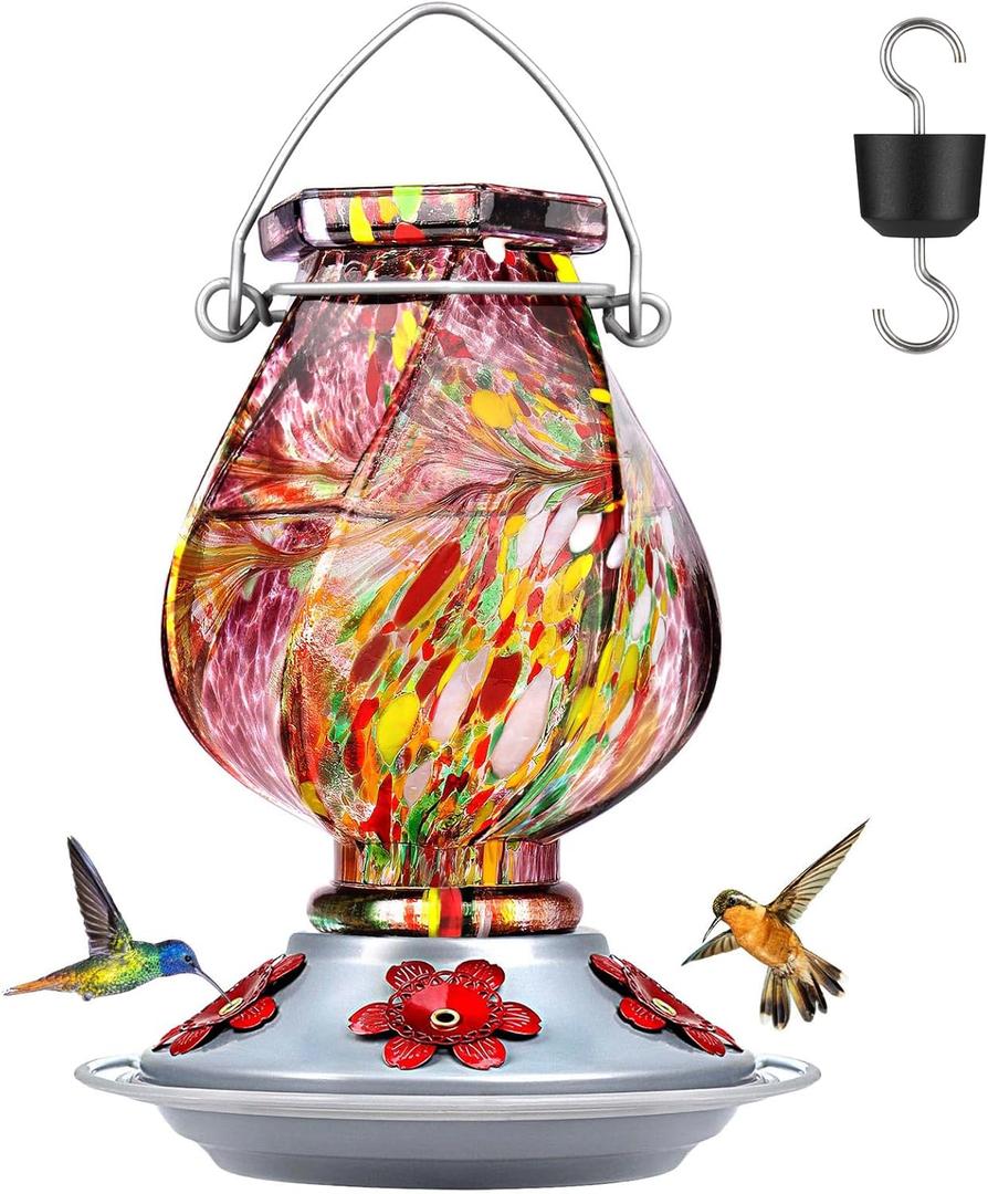 BOLITE Hummingbird Feeder, Hand Blown Glass Hummingbird Feeders for Outdoors Hanging, with Ant Moat and 5 Feeding Ports, 22 Ounces, Orange, Birthday Gifts for Women Men, Gifts for Mom Dad,  Purple