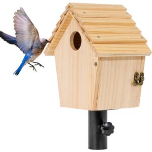 Chalet Style Large Bird House for Outdoor with Metal Tube, Thicken Wooden Hanging Birdhouse with Clear View Panel Clear View Panel Predator Guard Nesting Box for Swallow Wren Chickadee