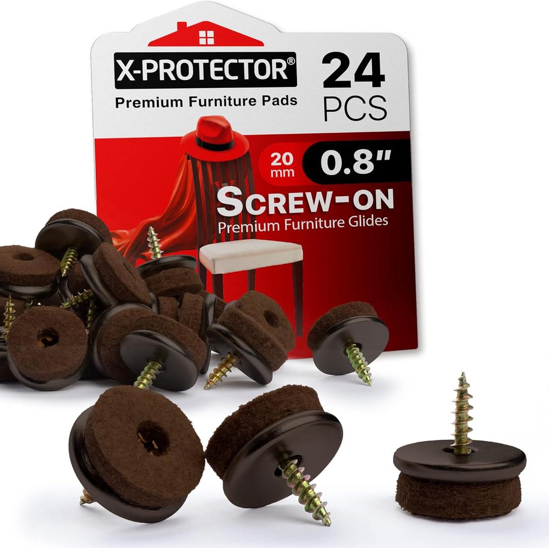 Screw-On Felt Furniture Pads X-Protector 24 PCS - 0.8 Chair Leg Floor Protectors for Hardwood Floors - Premium Chair Glides - Brown Floor Protectors for Chairs - The Best Furniture Sliders!