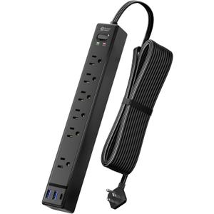 10Ft Extension Cord with Multiple Outlets, SUPERDANNY Flat Plug Surge Protector Power Strip with 3 USB Ports & 6 Outlets, 10 Ft Long Cord, Black Charging Station for Home Office, Dorm Room Essentials