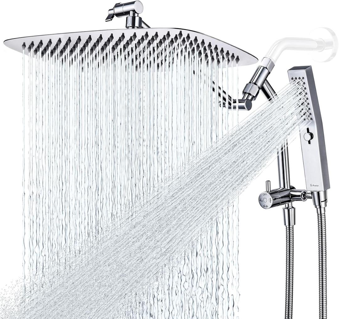 G-Promise All Metal 14 Inch Shower Head with Massage Mode Handheld, Rain Shower Head with Handheld Spray Combo, 3-Way Diverter with Pause Setting, 12 Inch Adjustable Extension Arm (Chrome)