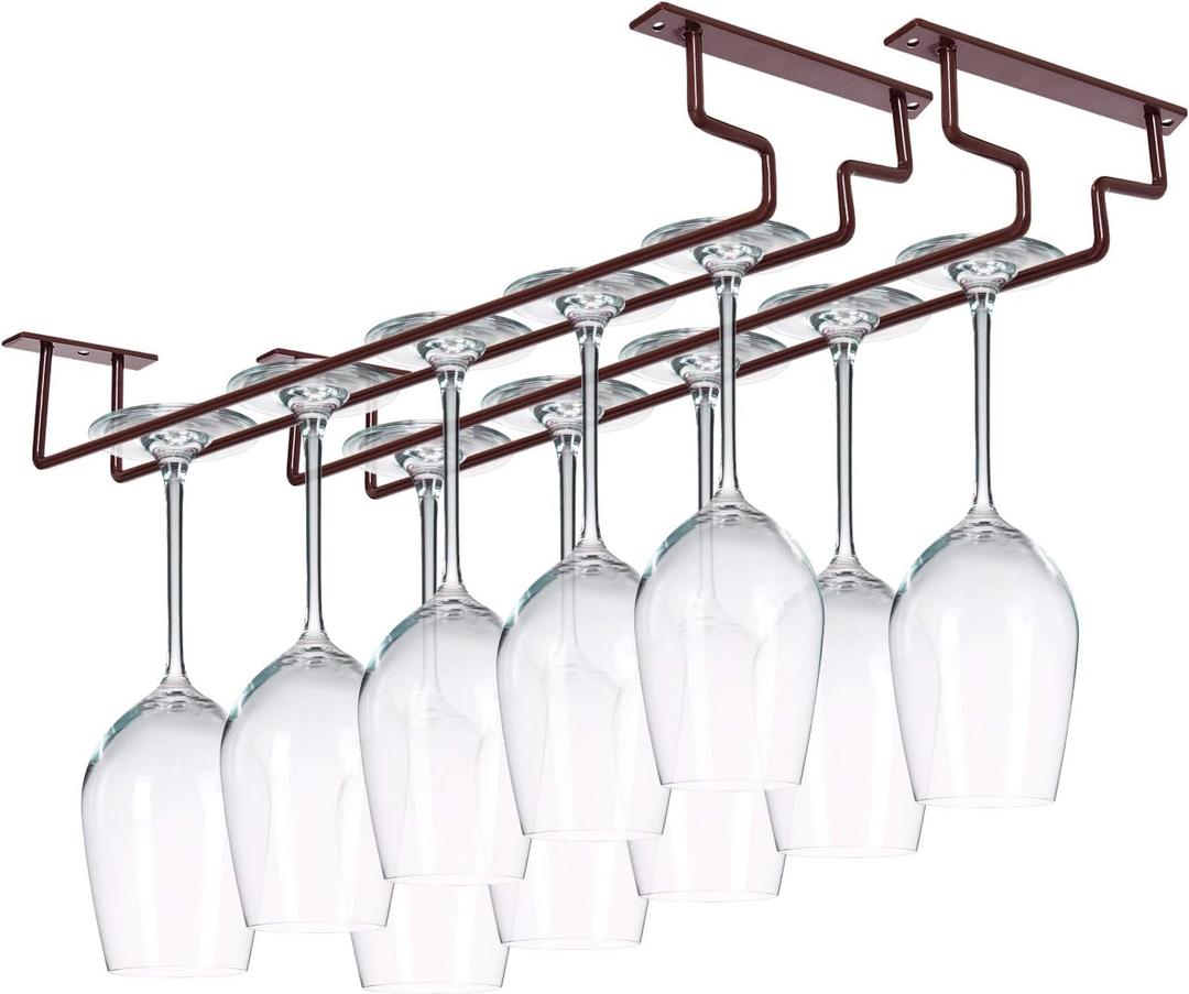 MOCOUM 2 Pack 15.6" Wine Glass Rack Under Cabinet Stemware Rack, Hanger Hold Up To 10 Wine Glasses for Cabinet Kitchen Bar (Brown, 2 pack)