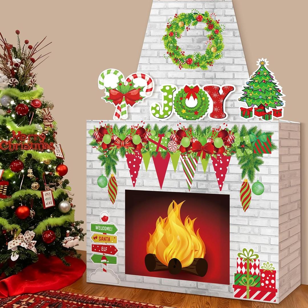Fullhawl Cardboard Fireplace for Christmas Large Cardboard Fireplace Prop 3D Fake Centerpiece with Faux Chimney for Christmas Party Background Decor, 38 x 30 x 7 Inches(Classic,Red and Green)