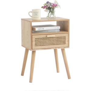 MaxSmeo Modern Nightstand Rattan Side End Table with Storage, for Living Room, Bedroom and Small Spaces, Accent Bedside Farmhouse Tables with Solid Wood Legs, Easy Assembly (Natural Walnut)