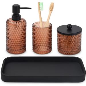 Bathroom Accessories Set,4 Pcs Amber Glass Bathroom Accessories Sets-Lotion Soap Dispenser,Toothbrush Holder,Qtip Holder Dispenser & Resin Vanity Tray,Countertop Vanity Organizer,Amber