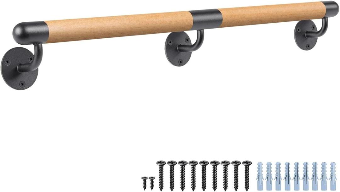 Dolibest 3-10 ft Wood Indoor Stairs Wall Mount Handrail w/Sturdy Metal Barckets, Non-Slip and Comfty Barrier-Free Staircase Grab Bar for Elderly, 1-1/2'' Round (80 inch /6.5 ft)