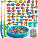 Pool Fishing Toys Games, Water Table Bathtub Toy with Inflatable Pool Pole Rod Net Plastic Floating Fish, Birthday Gifts for Kids Age 3 4 5 6 Year Old, Kids Outdoor Toys