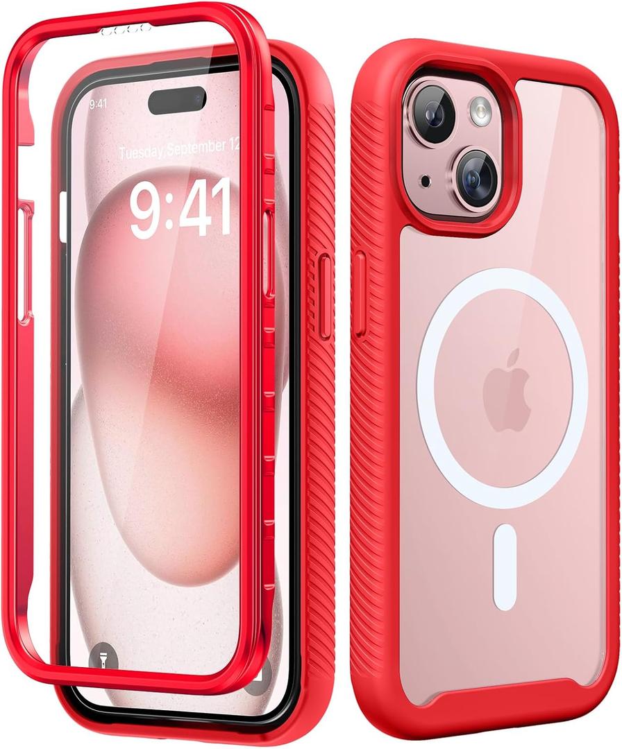 Magnetic for iPhone 15 Case with Built-in Sensitive Screen Protector, Full-Body Dual Front & Back Protective Phone Case [Compatible with MagSafe] Drop Proof 15 Cover 6.1 Inch, Red