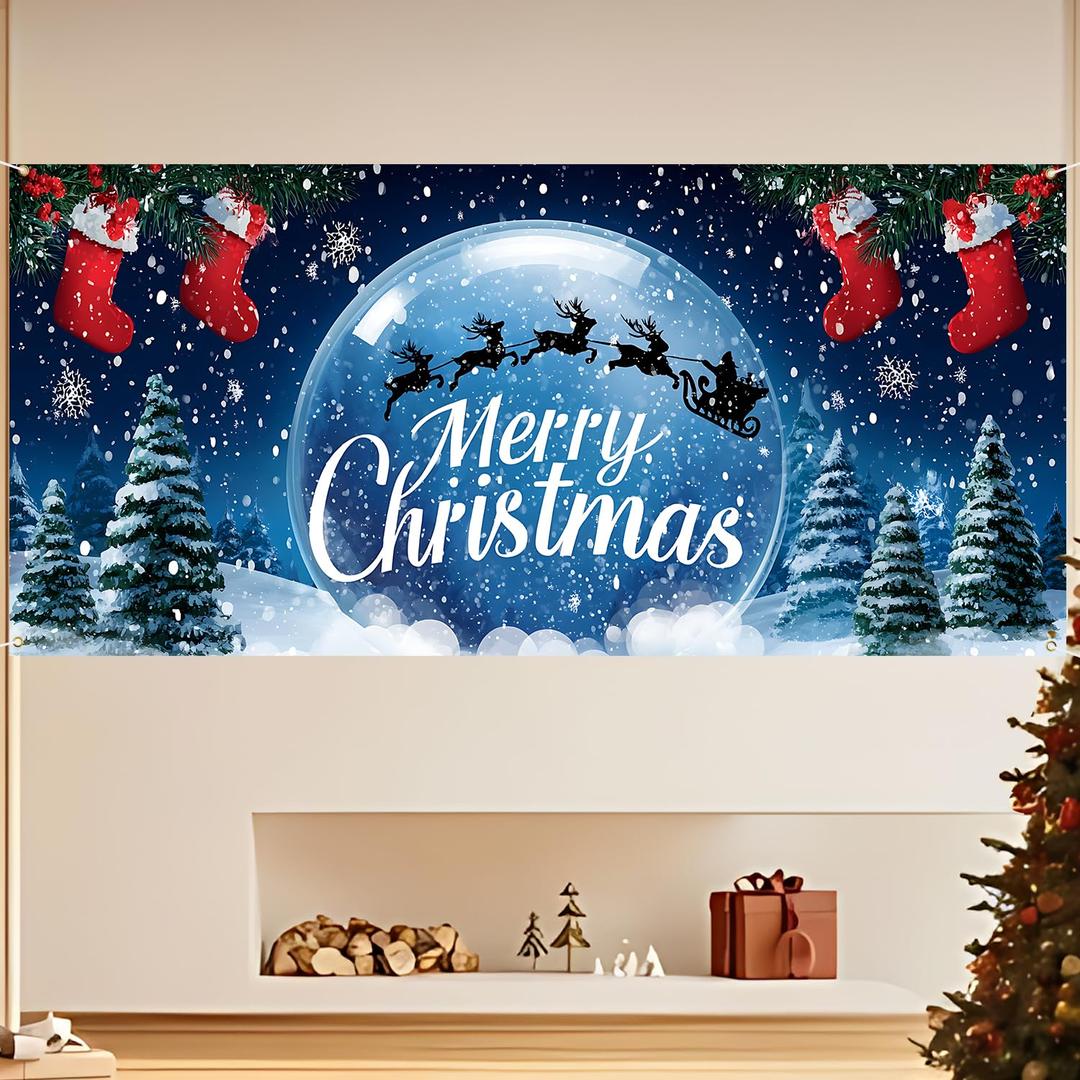 13x6ft Christmas Garage Door Banner Decoration,Large Outdoor Indoor Xmas Cover Decorations for House,Waterproof Holiday Party Backdrop with Santa Sleigh & Reindeer for Porch,Yard,Wall