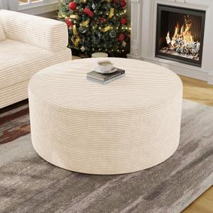 BSHOMGI Round Ottoman,Corduroy Ottomans Foot Stool, 27.5" Pouf Footstool Ottomans Seat, Round Footrest, Modern Side Table for Living Room Bedroom Home Decor No Assembly Require (Beige, 32")