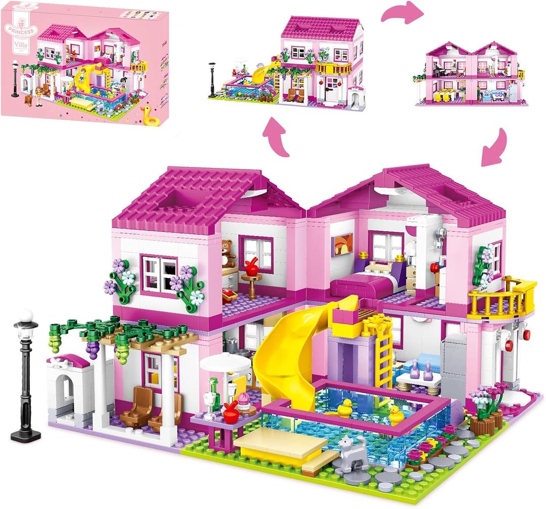 Pink Summer Pool Villa Building Block Set Friends Construction Educational Toy 1018 Pieces Gifts for Girls Teens Kids Adults Ages 6+