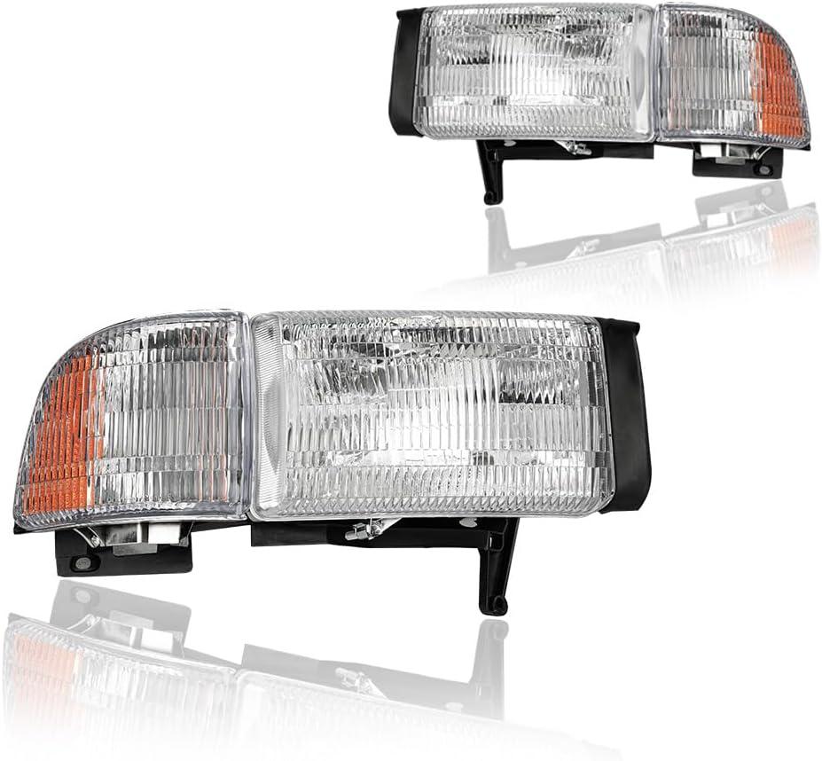 Headlight Assembly, Headlights Kit Compatible with 1994-2001 Dodge Ram 1500/1994-2002 Ram 2500 3500(DON'T Fit SPORT Models or Ram VAN Models) Chrome Housing Amber Reflector