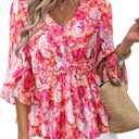 Timeson Women's 3/4 Sleeve Tops Dressy Casual V Neck Floral Blouses Elastic Waist Fall Shirts (Pink, XL)