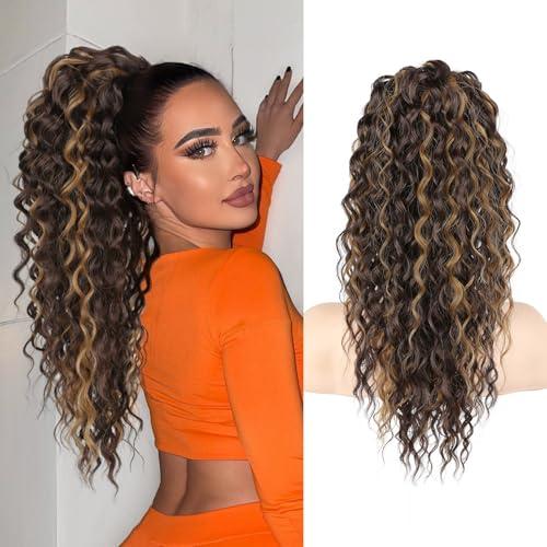 SEIKEA Ponytail Extension, PT005 Isabella 18" Long Bohemian Curly Drawstring Ponytail Light Fluffy Multi Layered Clip in Hair Extensions Ponytail Natural Soft Synthetic Hairpiece Brown/Caramel Blonde