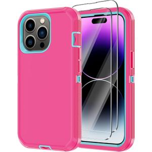 Annymall for iPhone 14 Pro Case with 2 Screen Protector, Heavy Duty Drop Protection Shockproof Full Body 3-Layer Military Rugged Durable Protective Cover for Apple iPhone 14 Pro 6.1" (Pink/Blue)