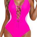Aqua Eve Womens One Piece Swimsuits Tummy Control- Sexy Slimming Bathing Suit Color Block Lace Up Swimwear 2025 (Medium, Pink)