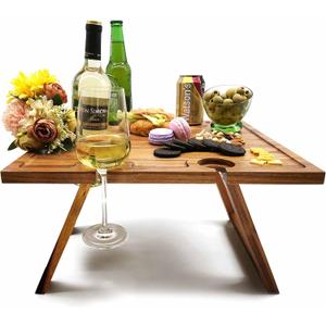 Portable Wine Picnic Table, Acacia Wood, Larger Tray Foldable, Charcuterie Board, Wine Gift, Decor for Romantic Camping, Engagement Party, Concerts, Glamping, Winter Adventure