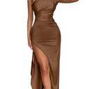 Memoriesea Women's Sexy One Shoulder Satin High Split Cocktail Wedding Party Maxi Dress Brown, S