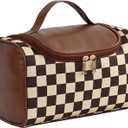 Makeup Bag, Travel Portable Checkered Pattern Cosmetics Skincare Storage Bag (Brown)