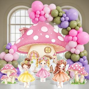 114 Pcs Fairy Wonderland Party Decorations Set Mushroom Backdrop Large Fairy Mushroom Cardboard Cutouts Yard Signs Balloon Garland Arch Kit Photo Props for Fairytale Birthday Party Supplies
