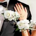 White Rose Boutonniere and Wrist Corsages for Wedding(Set of 2)Prom Corsage for Bridesmaid Mother Grandmother, Artificial Flowers for Homecoming Party Anniversary Graduation Decor
