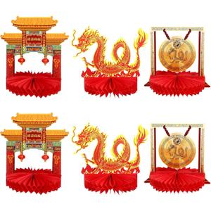 Sumind 6 Pcs Chinese New Year Decorations 2026 Lunar New Year Honeycomb Centerpiece for Table Decorations Red and Gold Dragon Gong Architecture Centerpieces for Spring Festival