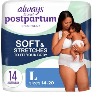 Always Discreet Postpartum and Adult Incontinence Underwear for Women, Size L, Maximum Protection, 14 CT