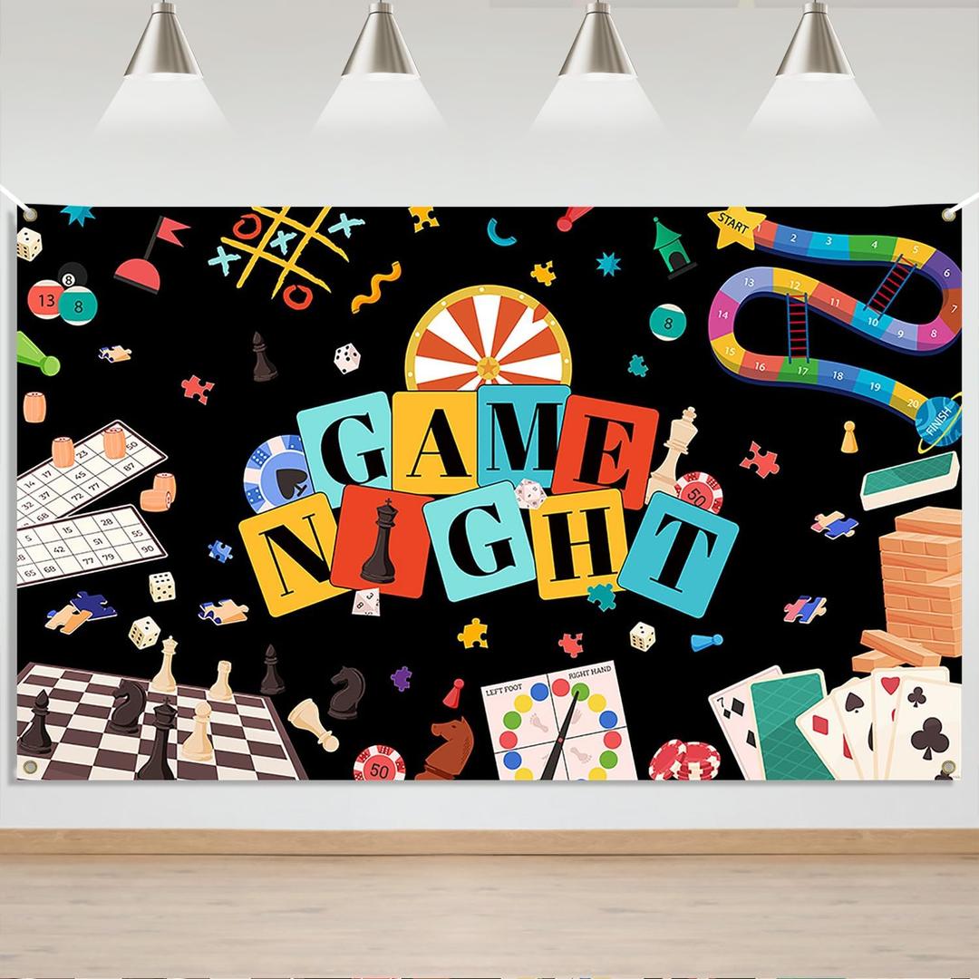 Mocsicka Game Night Backdrop - Game Night Party Banner Decorations Supplies, Gamble Gaming for Kids Adults Player Birthday Background, Gamer Banner Photo Booth Props (70.8"L x 43.3"W)