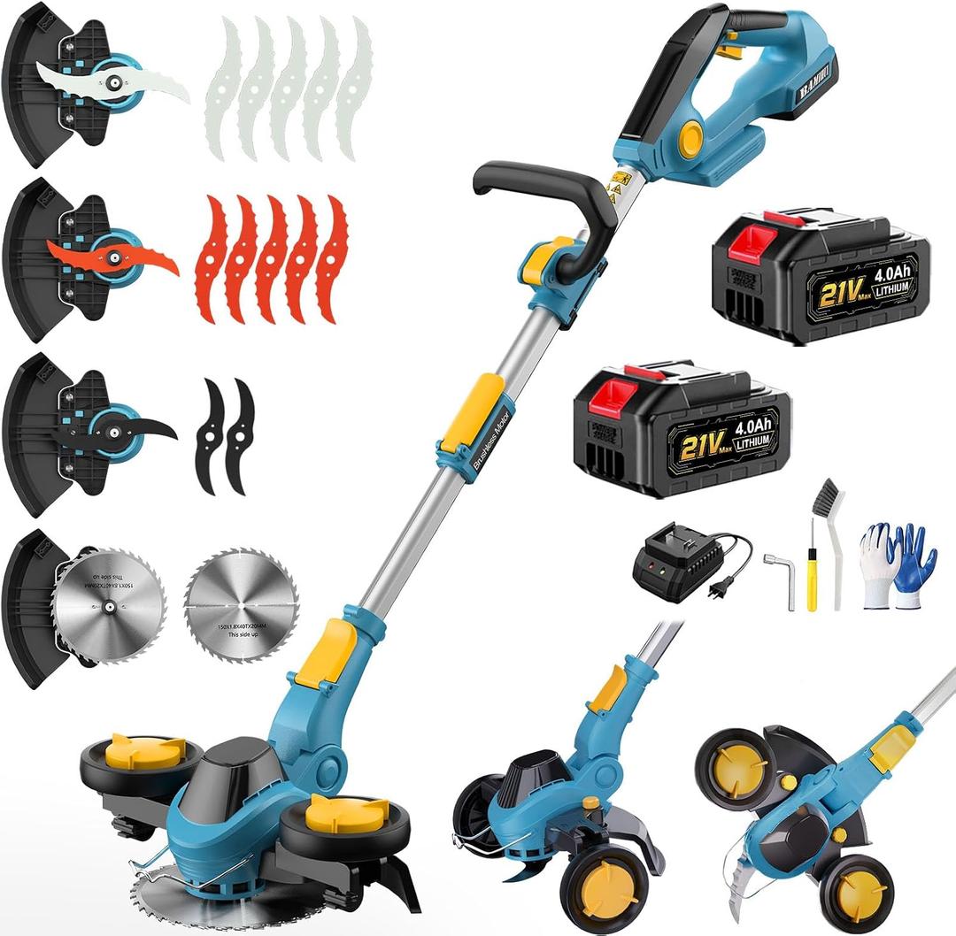 Weed Wacker Cordless, Brushless Electric Weed Eater, Battery Powered | 11 Inch Blades, 2 X 4.0Ah Batteries, 4 in 1 Edger/Grass Trimmer/Mini Mower/Brush Cutter, 4 Types Blades, Lightweight